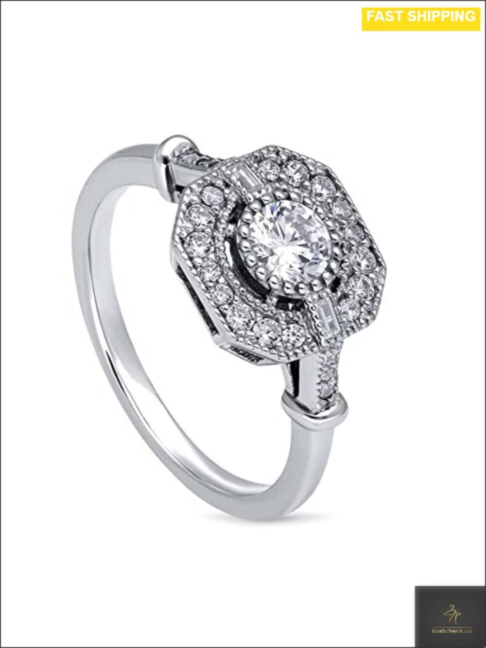 Sterling Silver Art Deco Ring with Cubic Zirconia Wedding Engagement